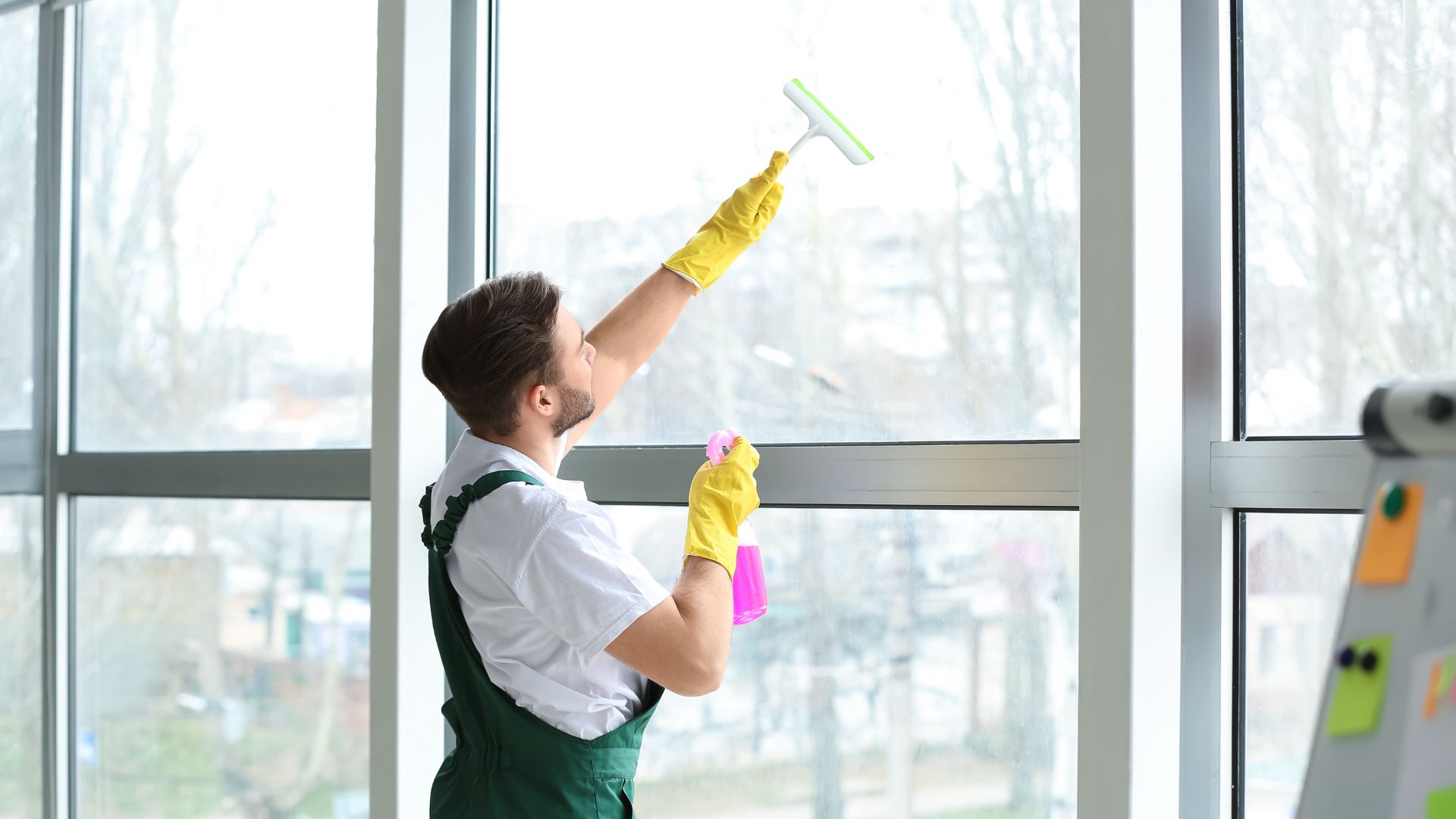 Male cleaner wiping window