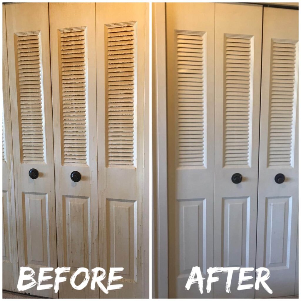 Before and after of closet door cleaning