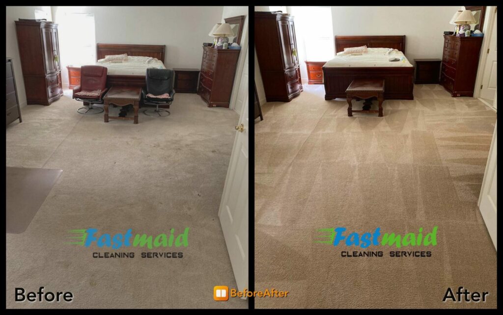 Before and after photo of carpet cleaning in bedroom