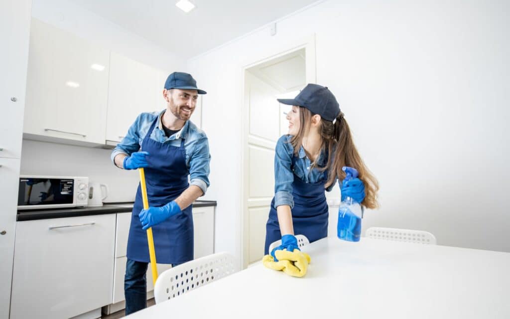 Maids cleaning the kitchen of an apartment for move out cleaning