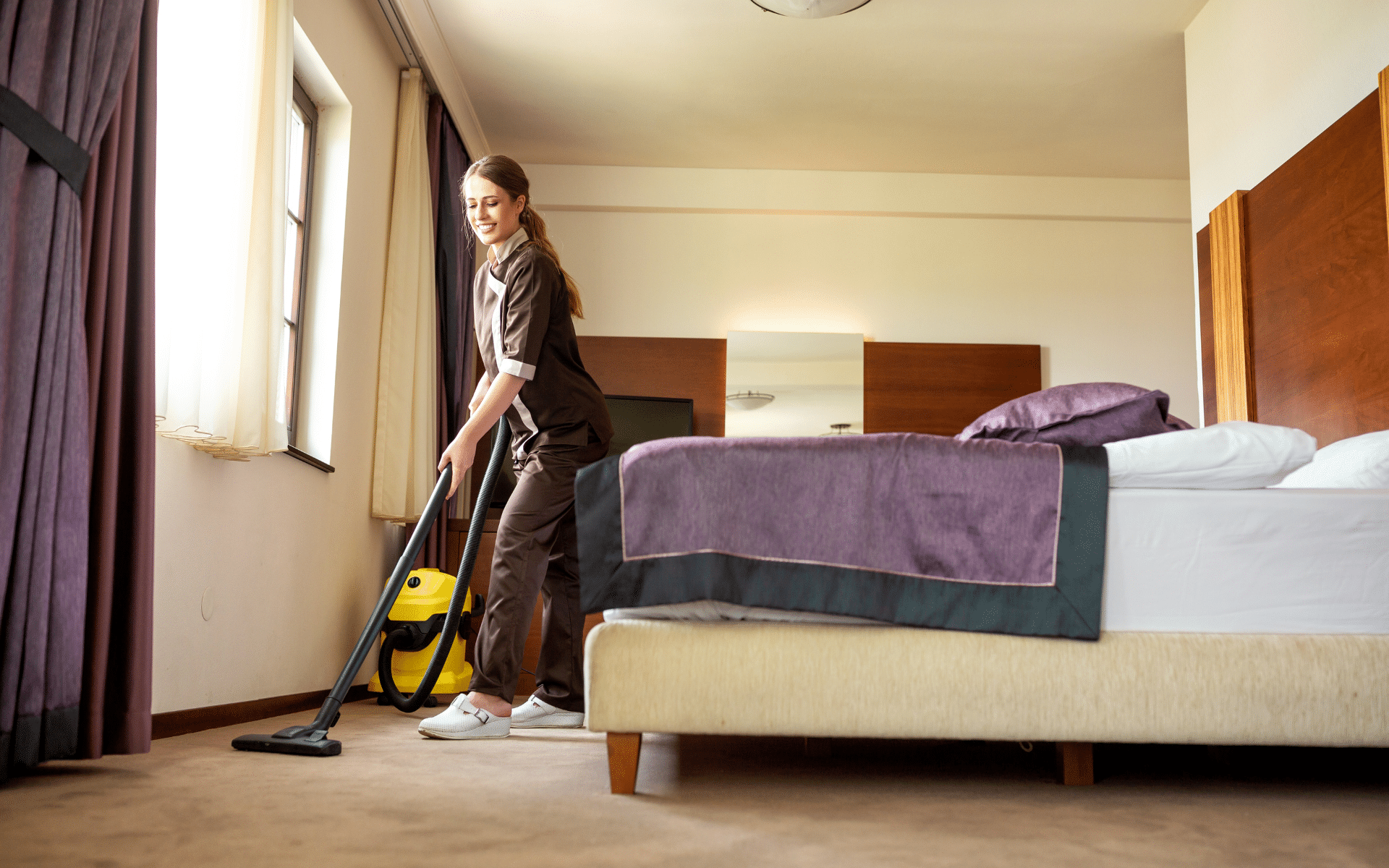 Maid vacuuming floor on bedroom
