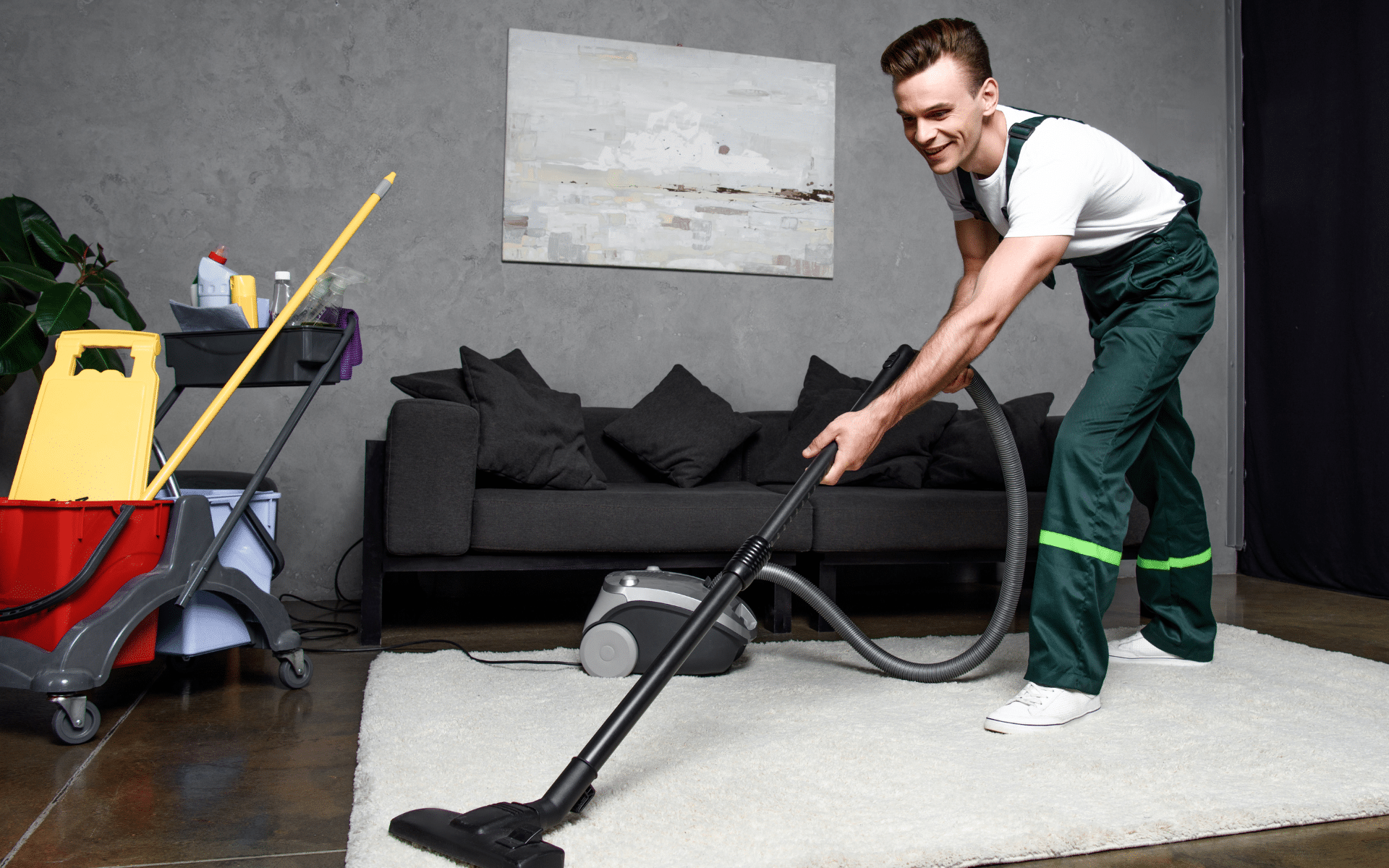 Male cleaner vacuuming carpet