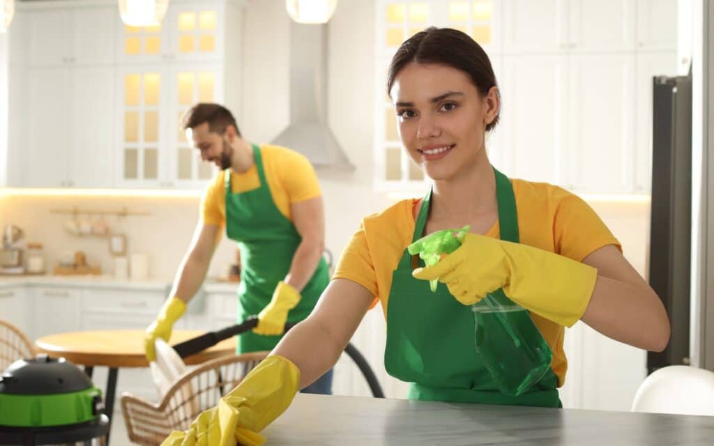 2 maids cleaning the countertops on kitchen in apartment