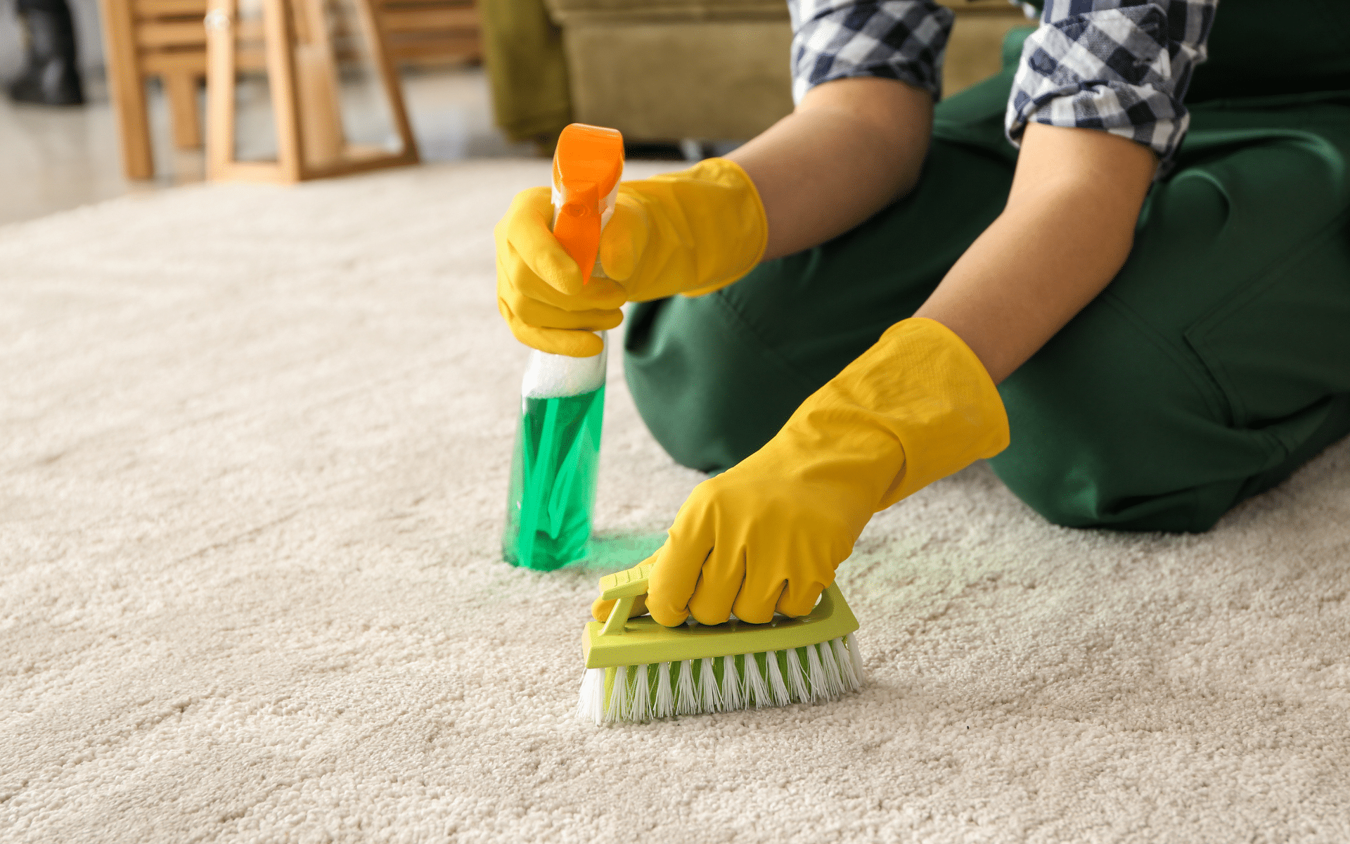 Carpet cleaning using brush and liquid cleaning material